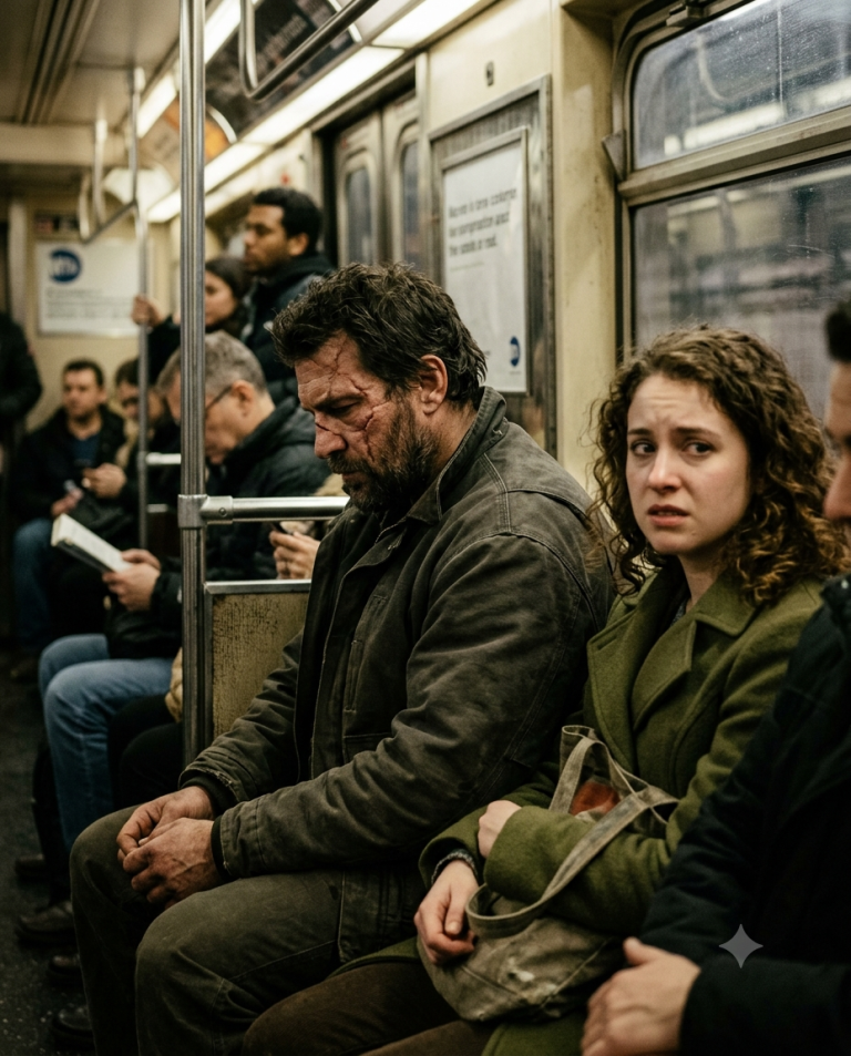 She Took the Last Seat Beside a Scarred Stranger—Then the Whole Train Fell Terrifyingly Silent