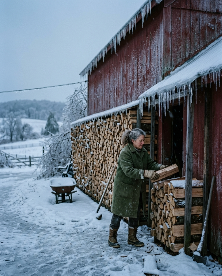 They Thought the Widow Stacked Firewood Against Her Barn for Decoration — Until the Ice Storm Came